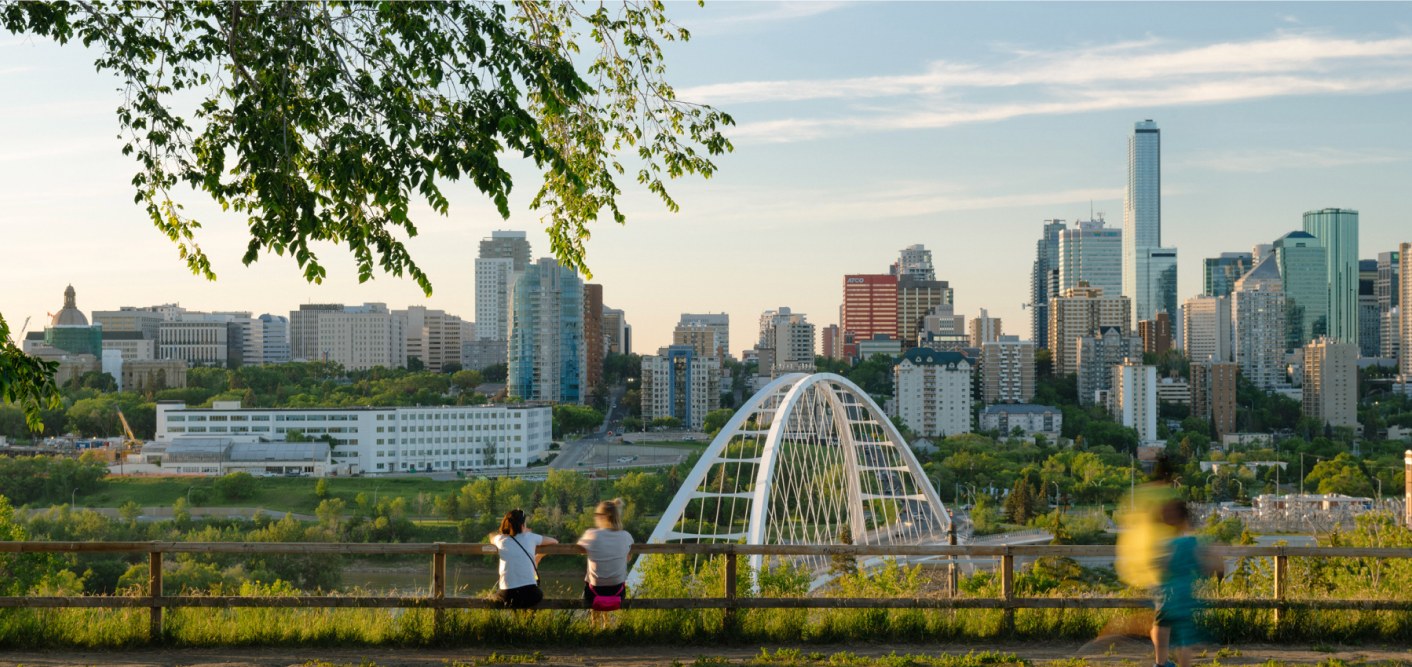 Edmonton's downtown skyline and the Walterdale Bridge, seen from the river valley